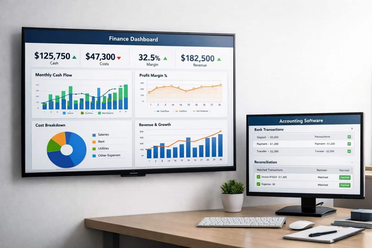 A finance dashboard on a wall-mounted monitor showing live cash, costs, margins, and performance charts updating across the month, with bank transactions and reconciliations flowing into connected accounting software on a nearby screen.