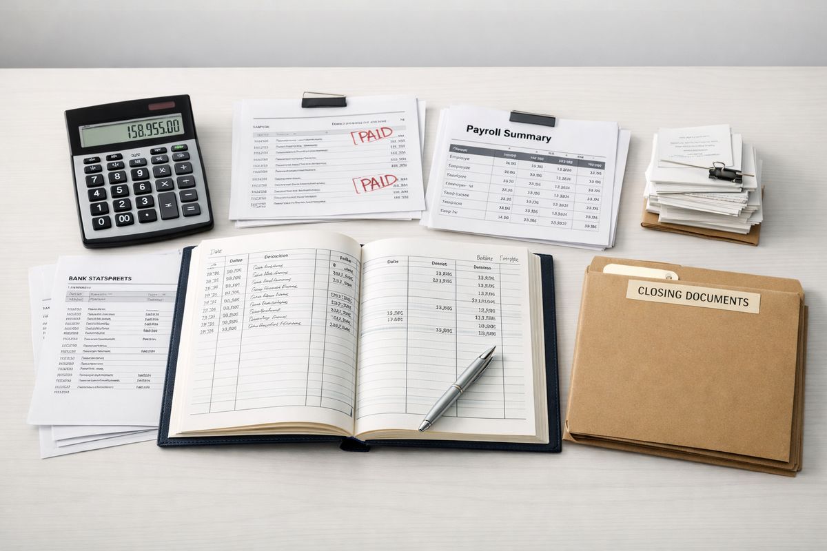 A finance workspace with a calculator, printed bank statements, an open ledger, reconciled invoices, payroll reports, and neatly stacked receipts arranged beside a folder of closing documents, showing the month-end close process turning raw transactions into finalized financial records.