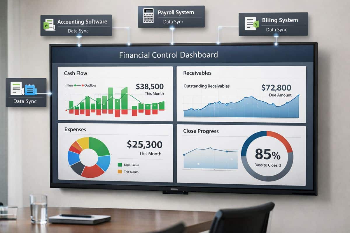A clean financial control interface on a large screen showing live charts for cash flow, receivables, expenses, and close progress, with connected data streams feeding in from accounting software, payroll, billing, and ERP systems represented by linked app windows and sync indicators