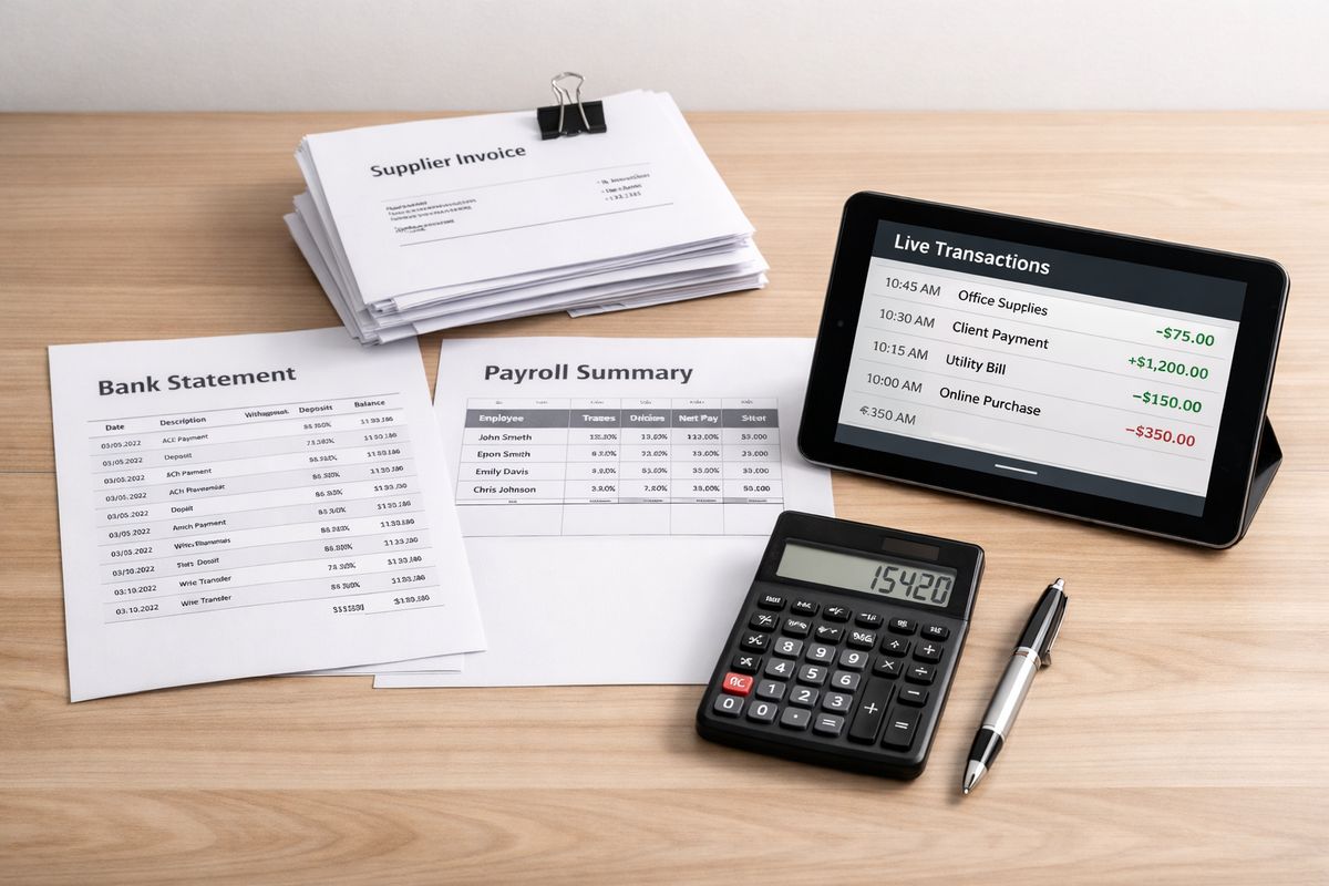 A neatly arranged accounting setup with a bank statement printout, stacked supplier invoices, a payroll summary sheet, and a tablet showing live transaction entries updating alongside a calculator and pen on a desk