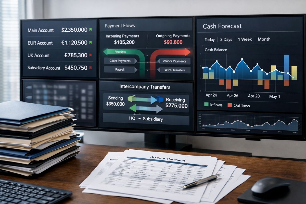 A finance control room-style view with multiple bank account balances, incoming and outgoing payment streams, intercompany transfers, and a cash forecast timeline shown across several connected screens, alongside stacked folders and printed account statements to suggest live liquidity oversight.