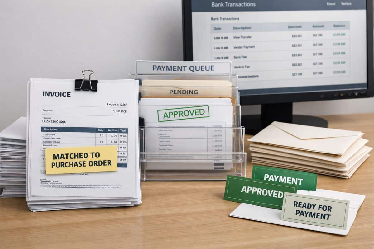 A close-up scene of stacked supplier invoices beside a neatly organized payment queue, with one invoice being matched to a purchase order, a bank transaction feed on a monitor in the background, and envelopes and payment approvals arranged in a tidy workflow on a desk