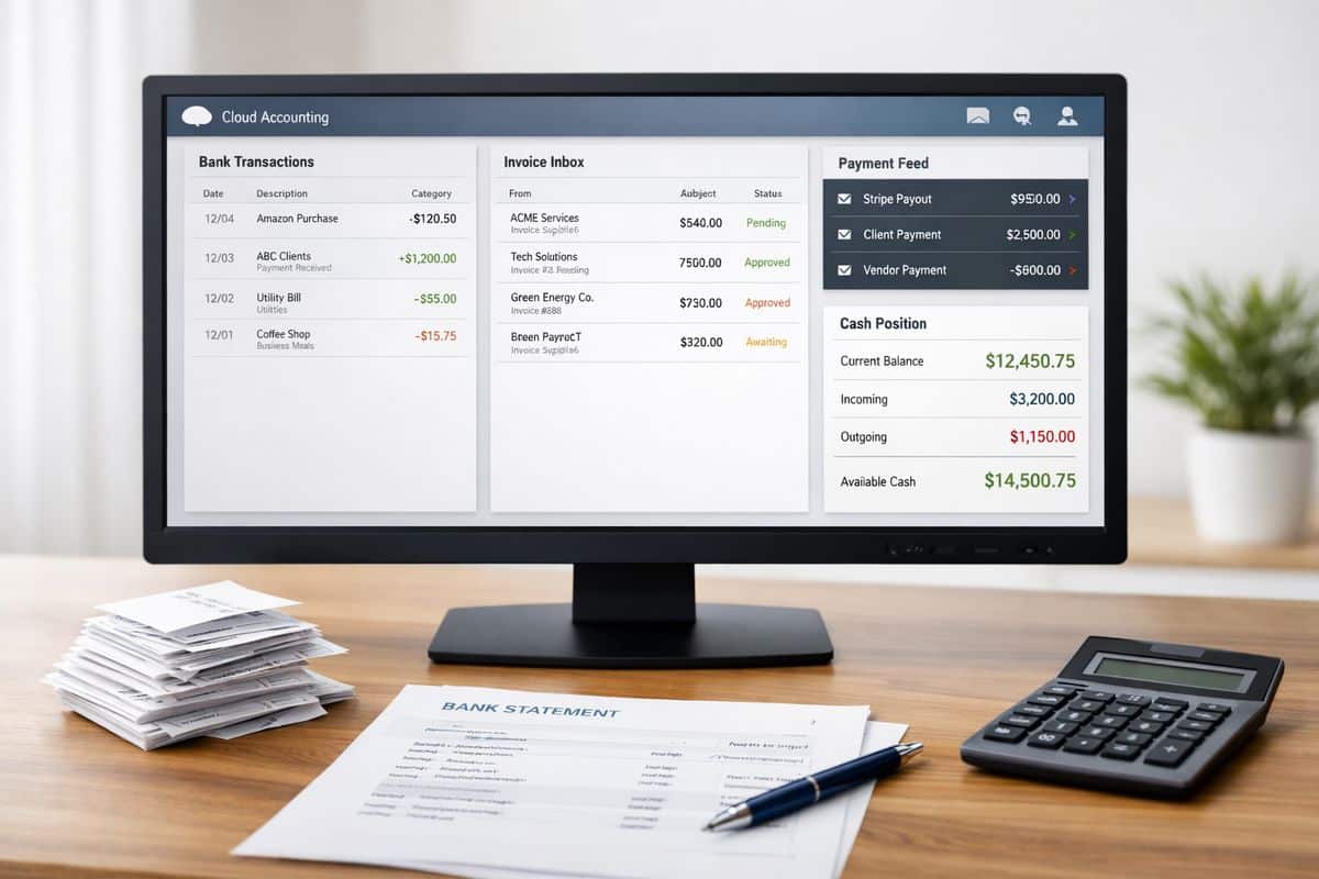 A cloud accounting system shown on a large monitor with live bank transactions flowing into a ledger interface, an inbox-style invoice capture screen, a connected payment feed, and a cash position summary updating in real time beside stacked receipts and a bank statement on a desk