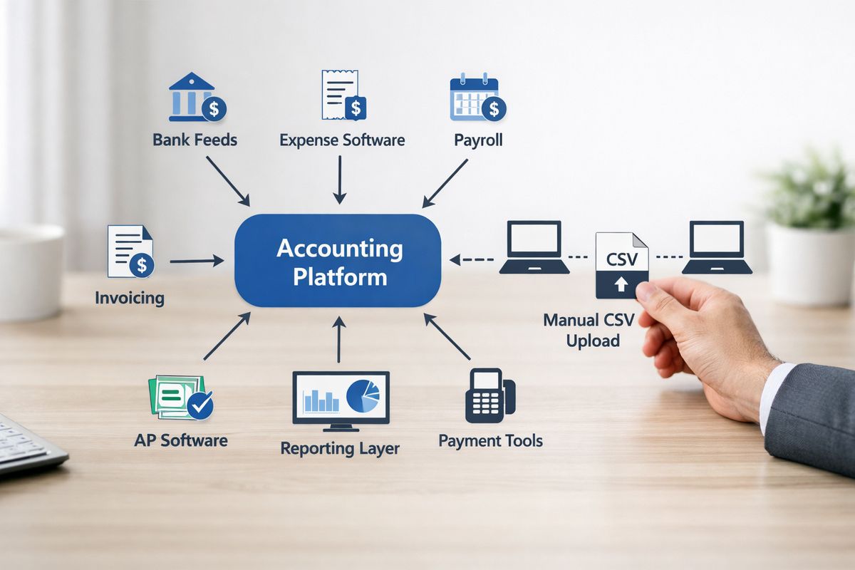 A finance systems flow diagram showing an accounting platform connected by arrows to bank feeds, expense software, payroll, invoicing, AP software, payment tools, and a reporting layer, with one broken link represented by a CSV file being manually uploaded between two disconnected systems