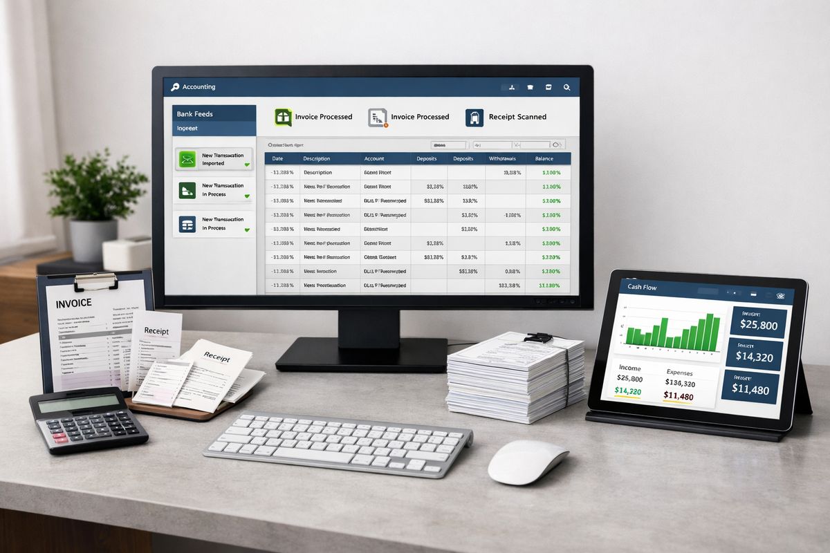 A modern accounting setup with an open ledger-style software interface on a desktop monitor, bank transaction feeds arriving into the system, invoices and expense receipts being processed automatically, and a neat stack of printed bills beside a synced tablet showing current cash movement and business performance data