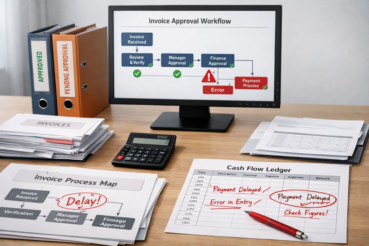 A finance team workspace with stacks of invoices, approval folders, a calculator, and a paper process map laid out beside a computer showing a workflow moving invoices through approval stages, with a cash flow ledger and a red pen marking delays and error points.