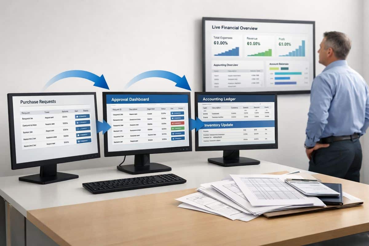A finance and operations workflow moving through a connected system: purchase requests flowing into an approvals screen, inventory updates feeding into an accounting ledger, and a manager reviewing the same live figures on a wall-mounted monitor while paper forms and spreadsheet printouts sit unused on a desk