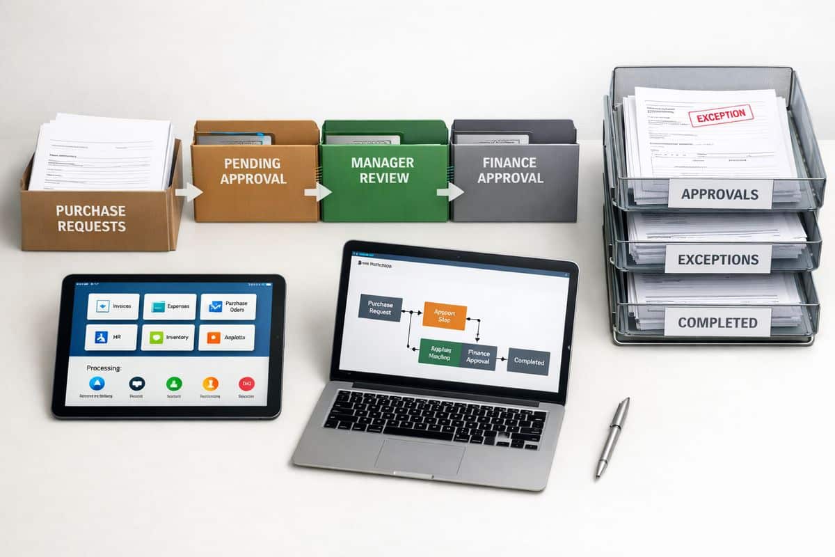 A clean overhead view of a finance-and-operations workflow setup on a desk: stacked paper purchase requests moving into labeled approval folders, a tablet showing connected app tiles and process status, a laptop with a live workflow map, and a set of documents being routed through distinct trays for approvals, exceptions, and completed work.