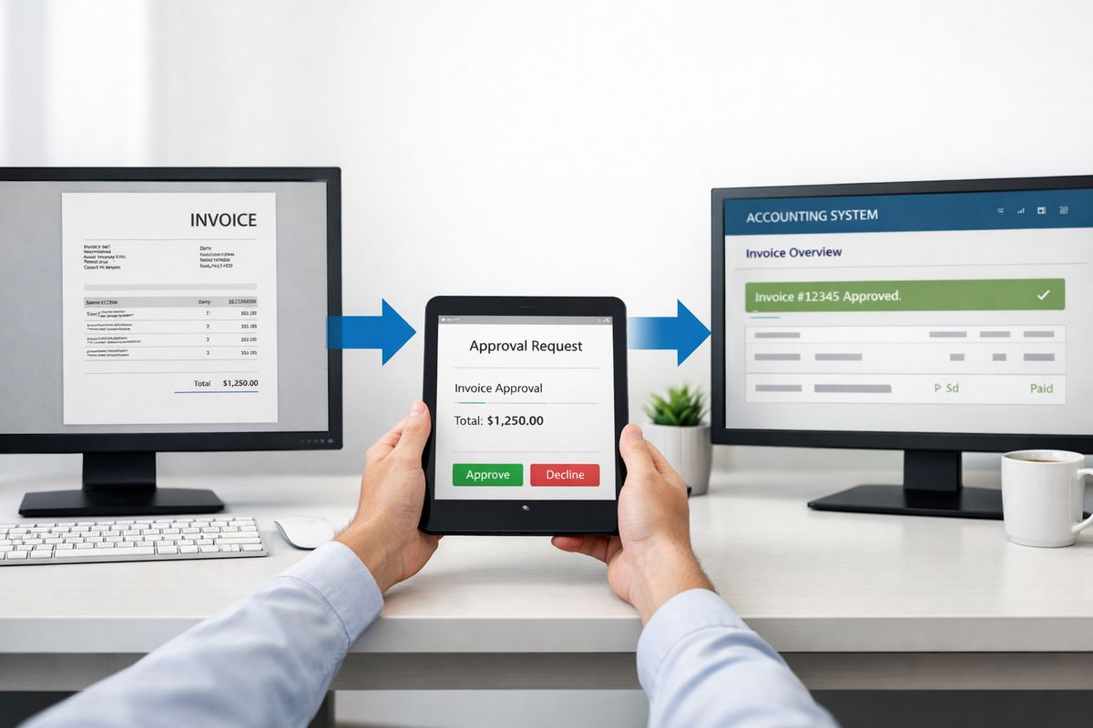 An invoice approval workflow moving through connected business systems: a scanned invoice on one screen, an approval request on a tablet, and an accounting interface updating automatically on a nearby monitor, with folders and paperwork neatly replaced by a streamlined digital process