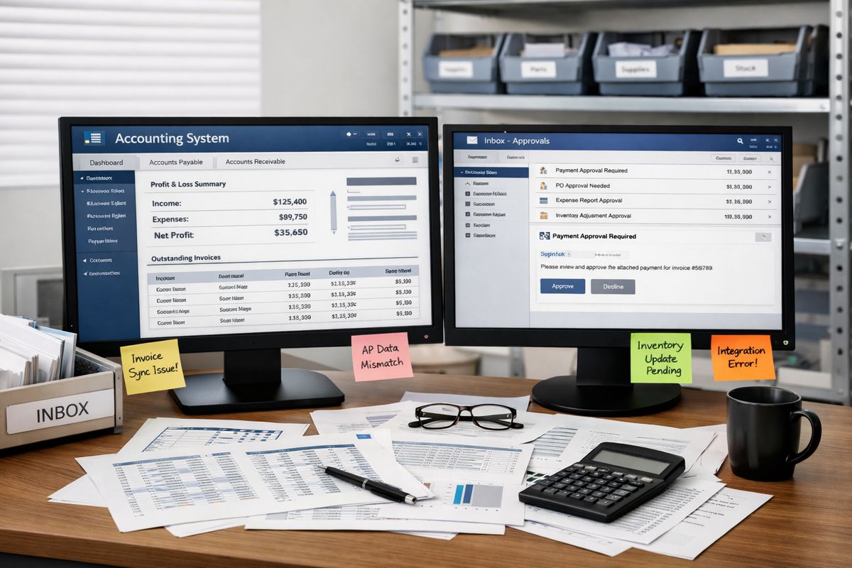 A cluttered business back office with an accounting system screen, scattered spreadsheets printed on paper, an inbox open on a monitor showing approval emails, inventory bins on shelves, and sticky notes marking unresolved handoffs between systems