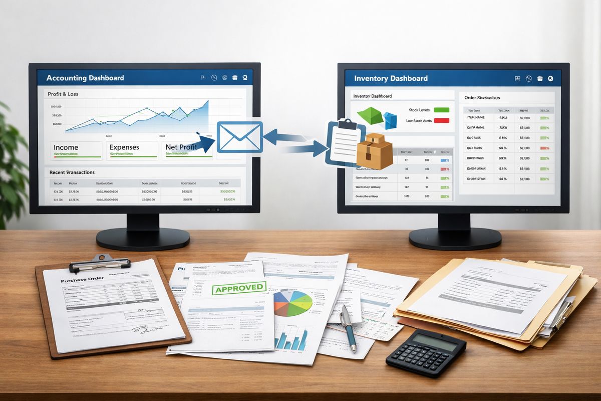 A split workflow scene showing an accounting platform on one screen, an inventory system on another, and paper purchase approvals and printed reports spread across a desk, with files and data moving between separate systems but not connecting into one process