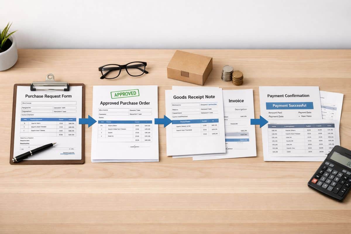 A connected business workflow shown as a sequence of documents and objects on a desk: a purchase request form leading to an approved purchase order, a goods receipt note beside a supplier invoice, then a matching payment confirmation and ledger sheet, with arrows visually linking each step in the chain.