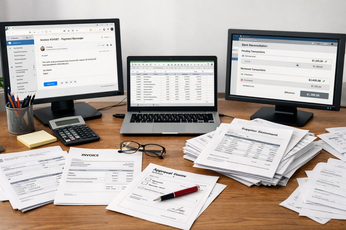 A cluttered finance workflow spread across several disconnected tools: an open invoice email thread on one screen, a spreadsheet with manual entries on another, a stack of printed supplier statements, and a separate accounting system window showing a partially completed reconciliation, with paper invoices and approval forms scattered across the desk.