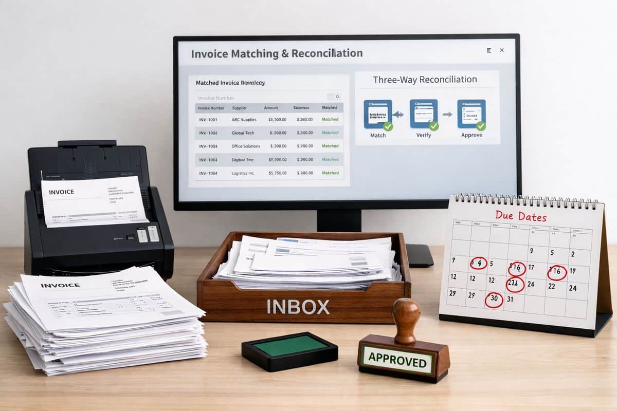 A stack of supplier invoices beside a document scanner, an approval stamp, an inbox tray filled with paper bills, and a payment calendar showing scheduled due dates, with a finance system screen displaying matched invoice records and a three-way reconciliation workflow