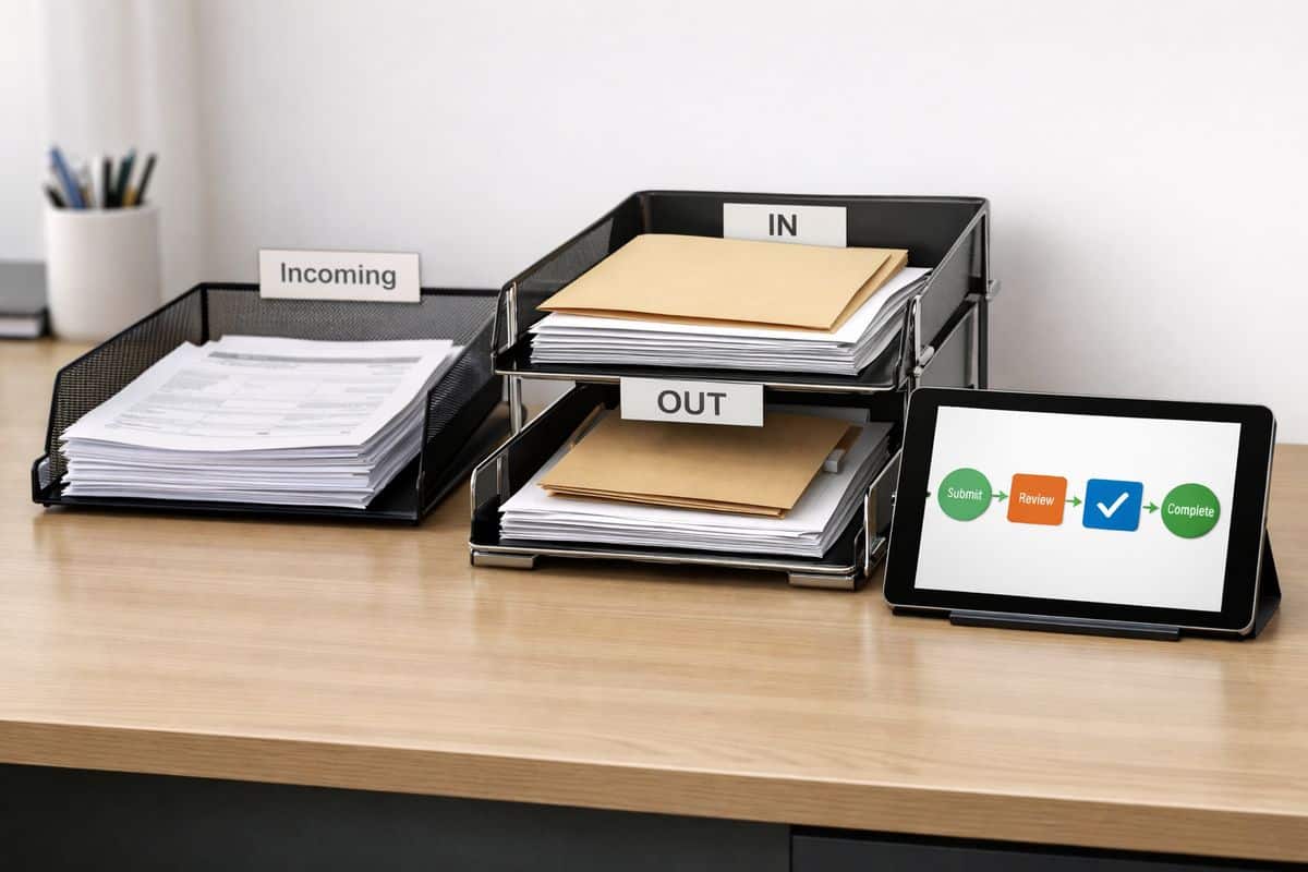 A tidy desk with a stack of paper forms, a tray of incoming documents, and a series of envelopes and folders being moved through labeled in-tray and out-tray organizers, alongside a tablet showing a simple approval flow moving from one stage to the next
