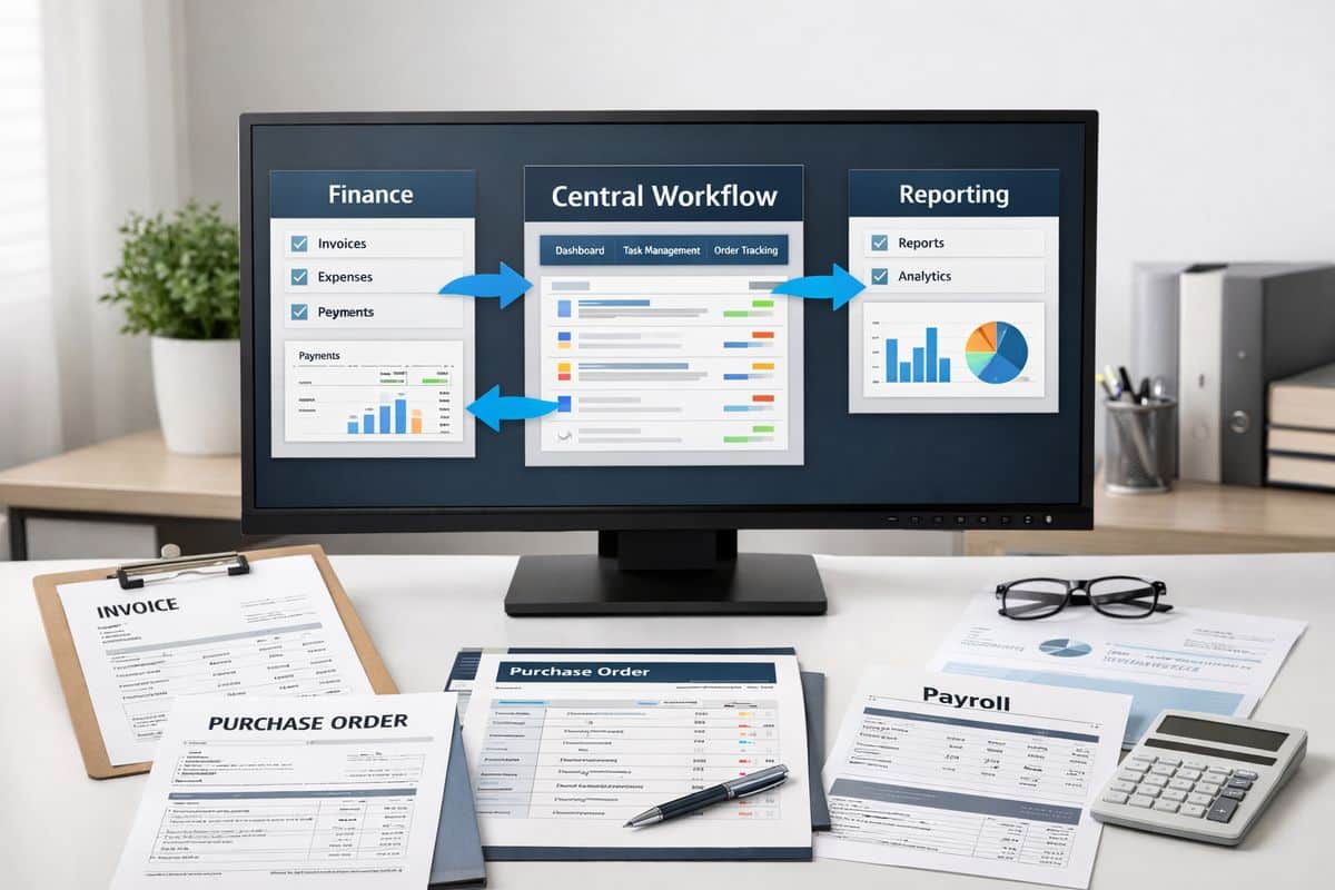 A clean operations workspace with paper invoices, purchase orders, payroll forms, and shipping documents feeding into a central workflow system shown as connected application screens on a large monitor, with arrows visually linking finance, operations, and reporting into one coordinated process.
