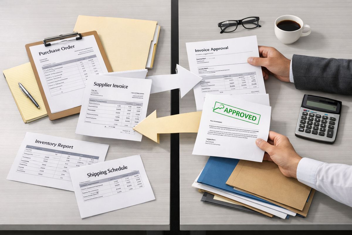A split workflow scene showing purchase orders, supplier invoices, approval emails, and spreadsheet printouts spread across two separate desks, with paper documents and folders moving between them to illustrate disconnected finance and operations processes