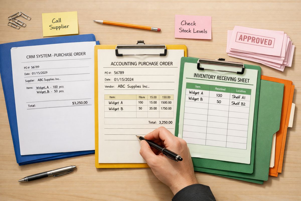 A cluttered worktable with the same purchase order being copied by hand from a CRM screen printout into an accounting form and then into an inventory sheet, with sticky notes, mismatched folders, and several paper approval slips stacked beside them