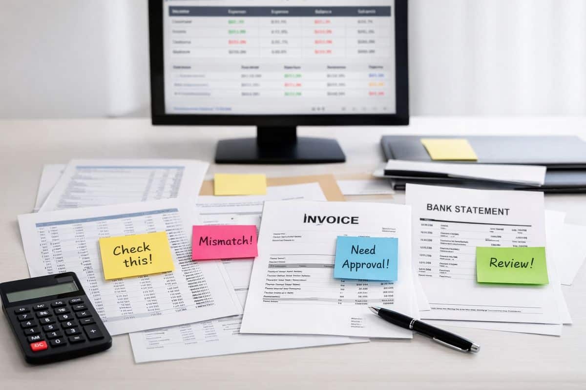 A cluttered desk with printed spreadsheets, a calculator, scattered invoice papers, and a separate bank statement printout beside a computer showing accounting software, with several colored sticky notes marking mismatched figures and unfinished approval documents