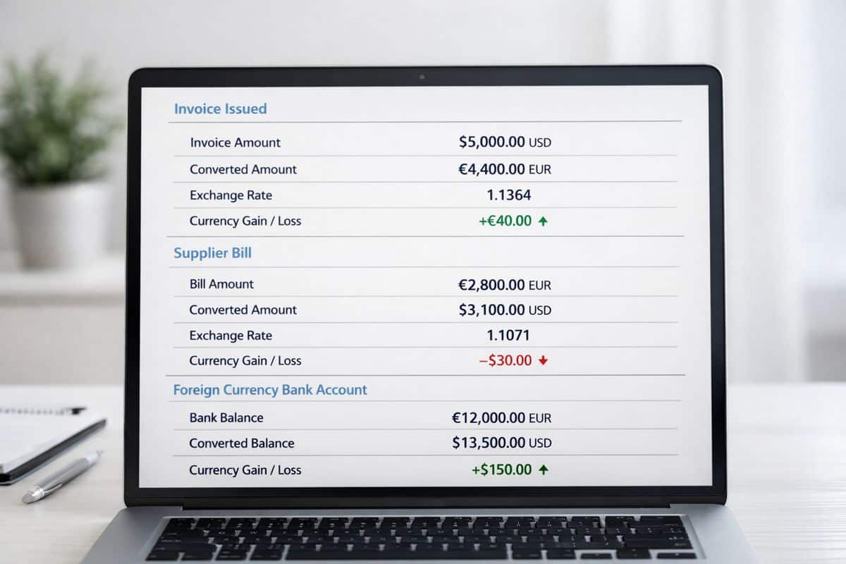 A bookkeeping screen showing an invoice issued in US dollars, a supplier bill in euros, and a foreign-currency bank account balance alongside automatic exchange-rate conversion results and currency gain and loss calculations.