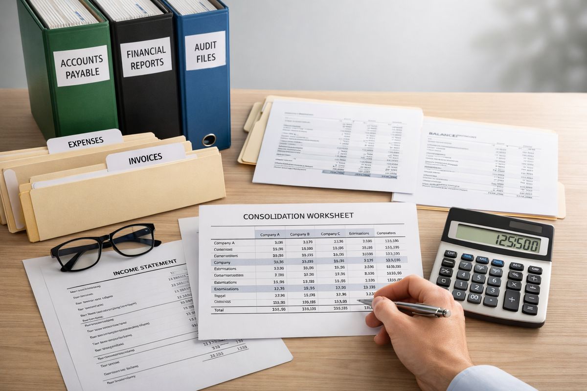 A set of separate accounting binders and file folders spread across a desk, with printed financial statements, a calculator, and a consolidation worksheet showing rows of figures being manually combined into one group summary