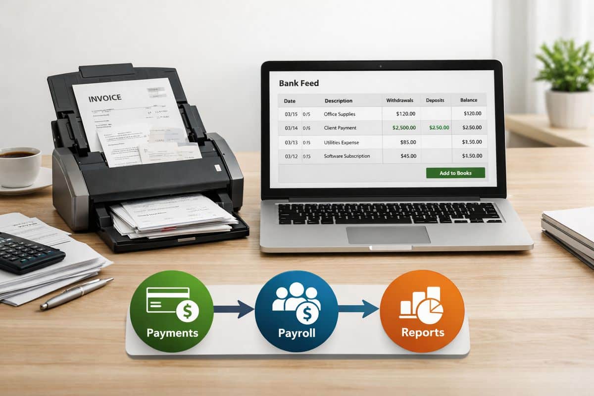 A tidy accounting workspace with a stack of invoices and receipts being scanned into an accounting system, a bank feed window showing imported transactions, and a connected-app workflow linking payment, payroll, and reporting icons into one finance platform