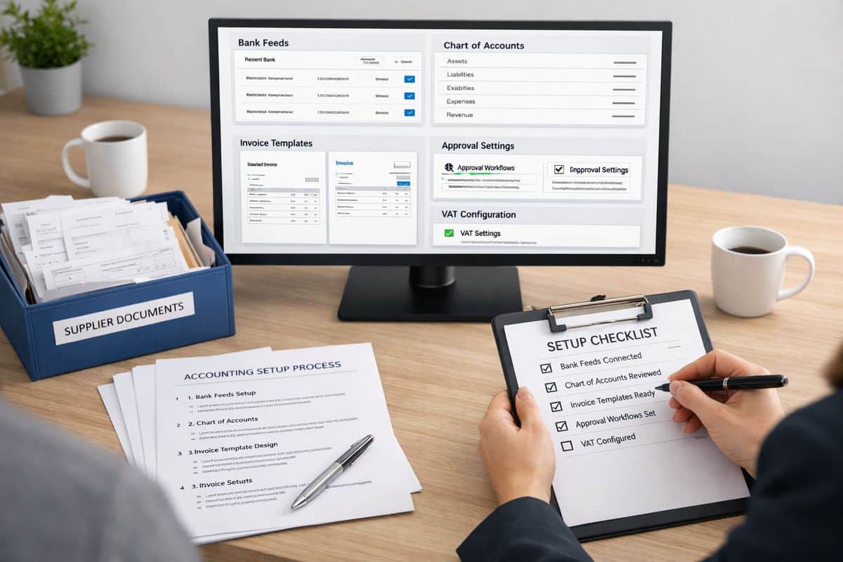 A finance team preparing a clean accounting setup for training: a computer screen showing a tidy accounting file with bank feeds, chart-of-accounts categories, invoice templates, approval settings, and VAT configuration open alongside printed process notes, a folder of supplier documents, and a checklist being reviewed at a desk.