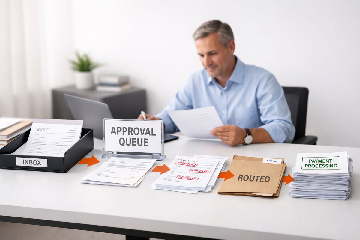 A finance document workflow shown as a bill moving from an inbox tray into an approval queue, then to a manager for review, with a paper trail of stamped forms, a routed folder, and a final stack marked for payment processing