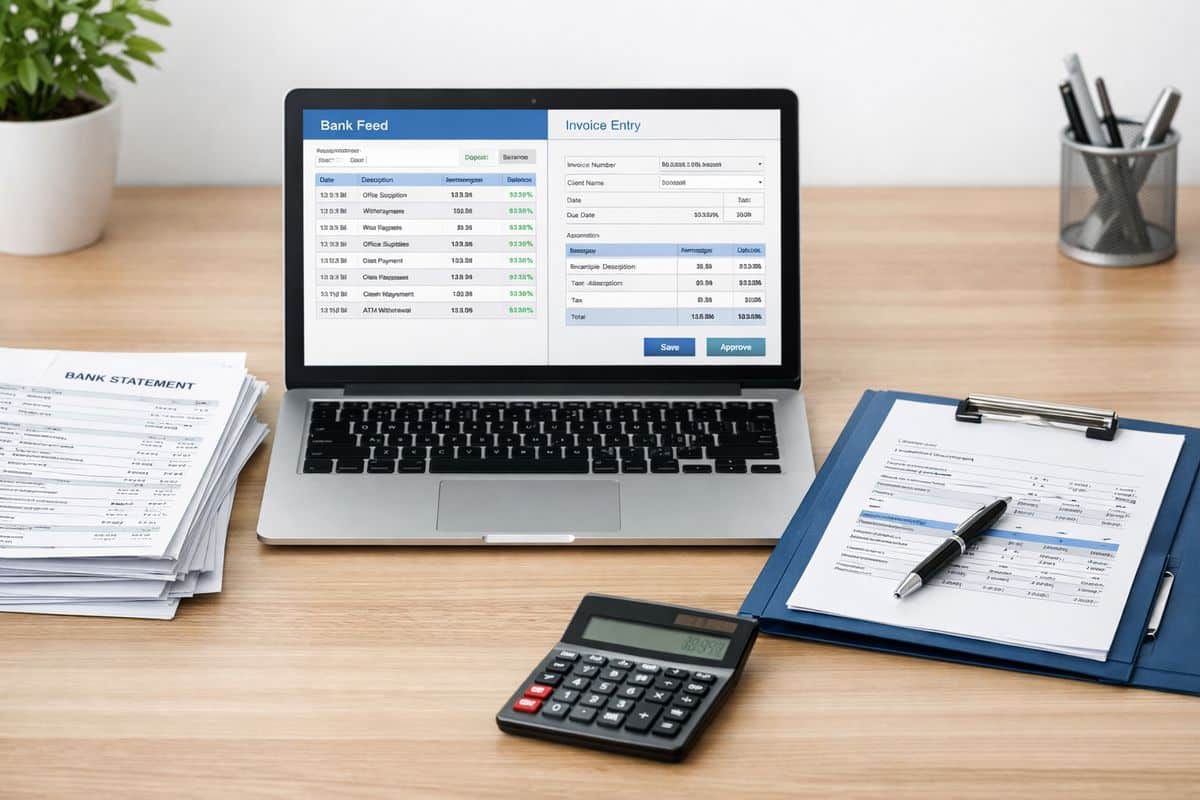 A clean accounting setup scene with a laptop showing a bank feed and invoice entry screens, a stack of bank statements, an open folder of financial documents, and a calculator on a desk, suggesting a small business finance system being configured and reconciled