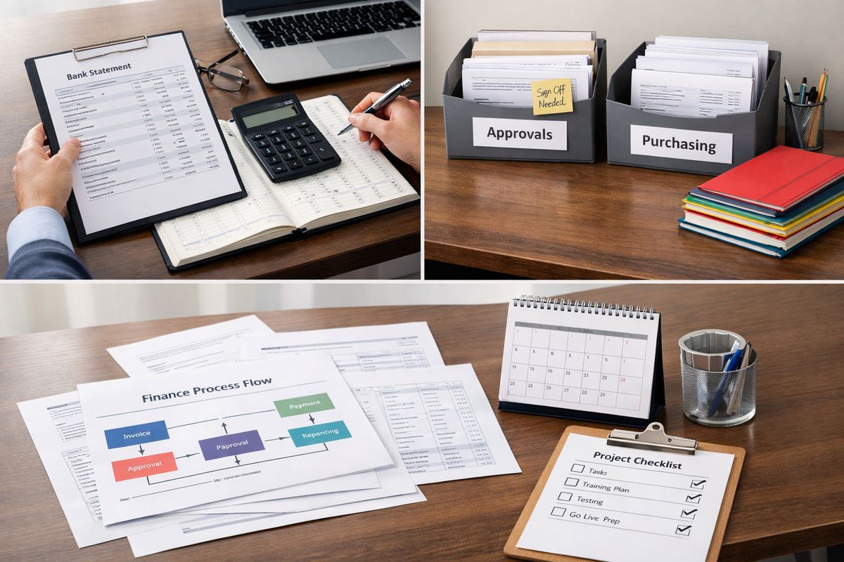 A staged rollout scene with three desks in different phases of setup: one showing a bank statement being checked against accounting records, another with folders for approvals and purchasing documents being organized, and a third with a finance process flow diagram spread across papers beside a calendar and checklist, suggesting a controlled implementation in progress