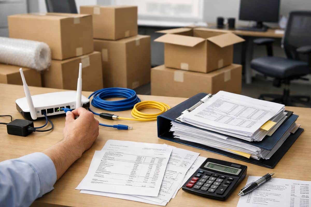 An open office moving scene with boxes, a router being plugged in, cables laid out for network setup, and folders of accounting documents spread across a desk beside a calculator and bank statements.