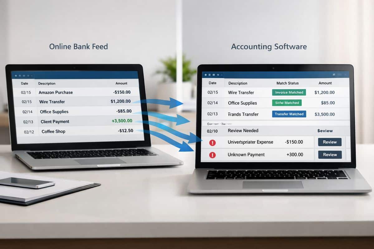 A split workflow scene showing bank transaction lines flowing from an online bank feed into an accounting interface, where some items are automatically matched to invoices, bills, and transfers, while a few unmatched entries remain flagged for manual review