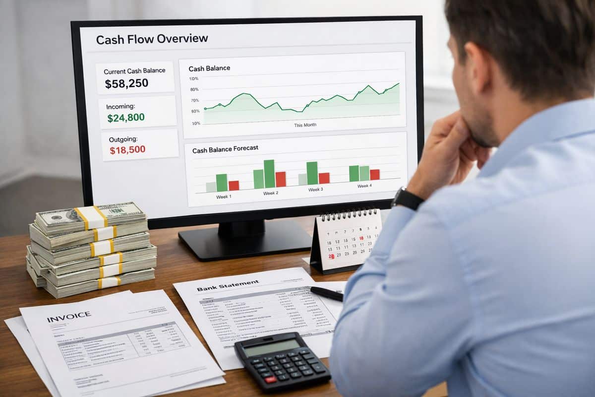 A business owner viewing a live cash-flow screen beside stacked bills, supplier invoices, and a bank statement printout, with a calendar and calculator on the desk to suggest proactive payment timing and short-term liquidity management.