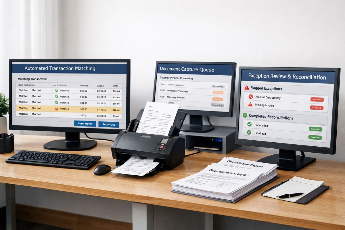 A workflow scene with an accounting system screen showing automated transaction matching, a document capture scanner feeding supplier invoices into a digital queue, and a second review station with flagged exceptions and completed reconciliation files, representing automation and outsourced support speeding up month-end close tasks.