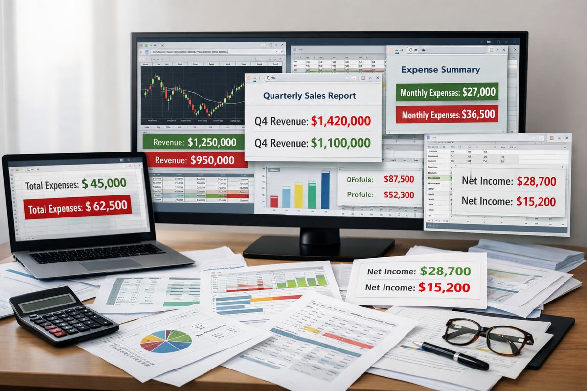 A cluttered desktop display with too many overlapping finance charts, scattered spreadsheet exports, mismatched reports open in separate windows, and warning-style data inconsistencies shown by conflicting numbers across screens