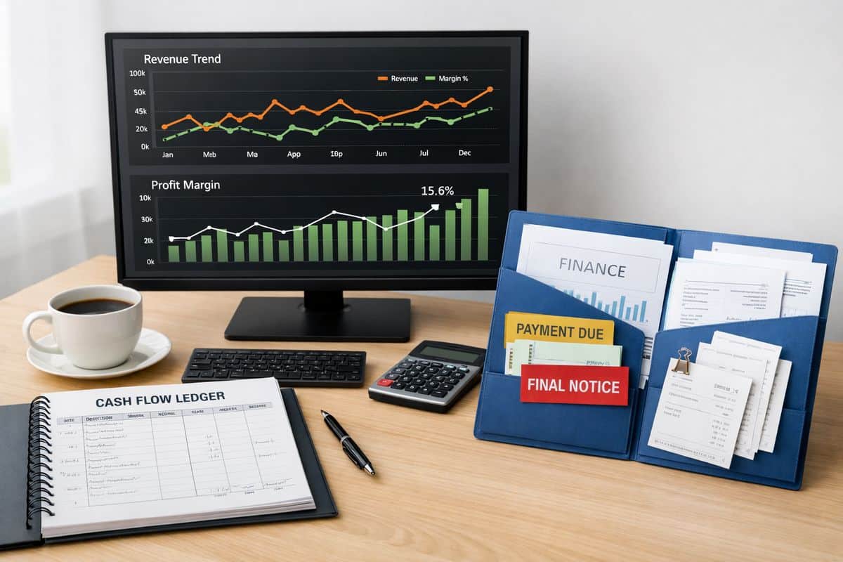 A business control desk with a cash flow ledger, a screen showing moving revenue and margin graphs, and a finance folder opened beside receipts and payment reminders, suggesting ongoing monitoring of liquidity and performance