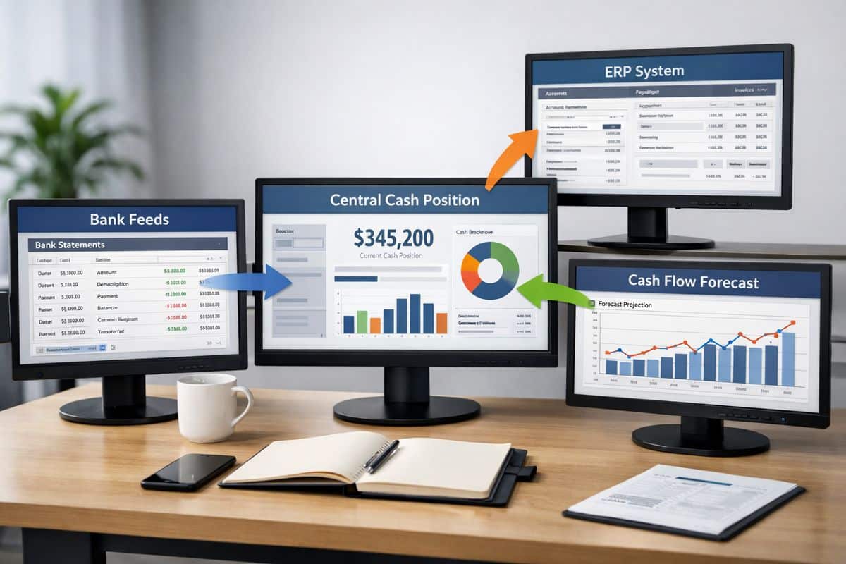 A workspace scene showing a network of connected bank feeds, accounting systems, and payment platforms feeding into a central cash position view, with arrows linking bank statements, an ERP interface, and a forecast model displayed on separate monitors to show how data is consolidated into one liquidity picture.