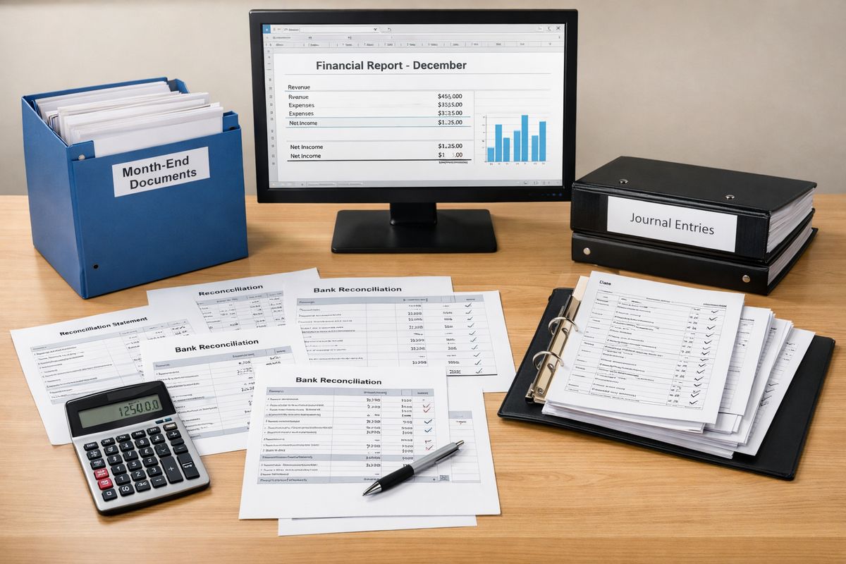 A finance workspace with several reconciliation sheets spread across a table, a folder of month-end source documents, a calculator, and a monitor showing a partially completed financial report while a binder of completed journal entries sits beside a stack of checked-off papers