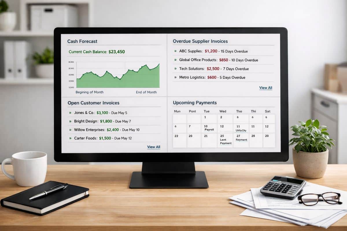 A small business finance workspace showing a current cash forecast screen alongside overdue supplier invoices, open customer invoices, a calendar of upcoming payments, and a balance chart that changes across the month as transactions are reconciled