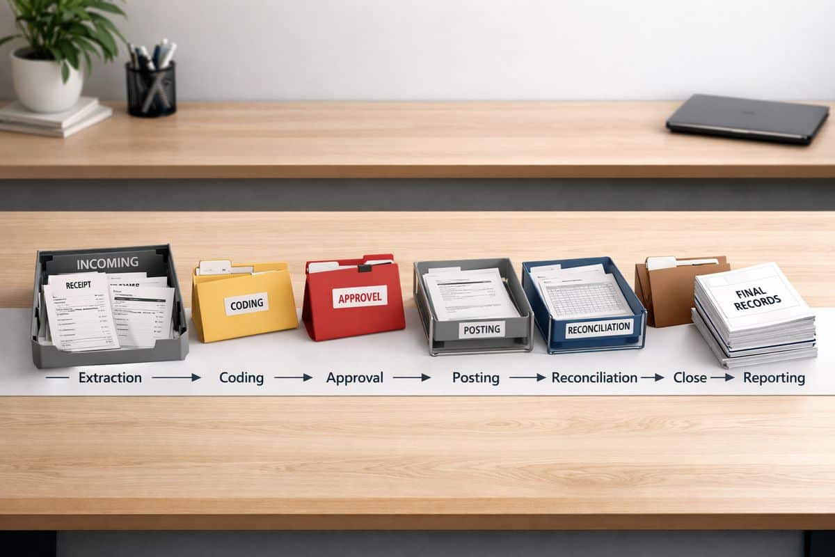 A long end-to-end process map laid out across a desk, with a receipt, invoice, payroll file, and bank statement moving through stages represented by folders and document trays for extraction, coding, approval, posting, reconciliation, close, and reporting, ending at a final stack of reconciled records