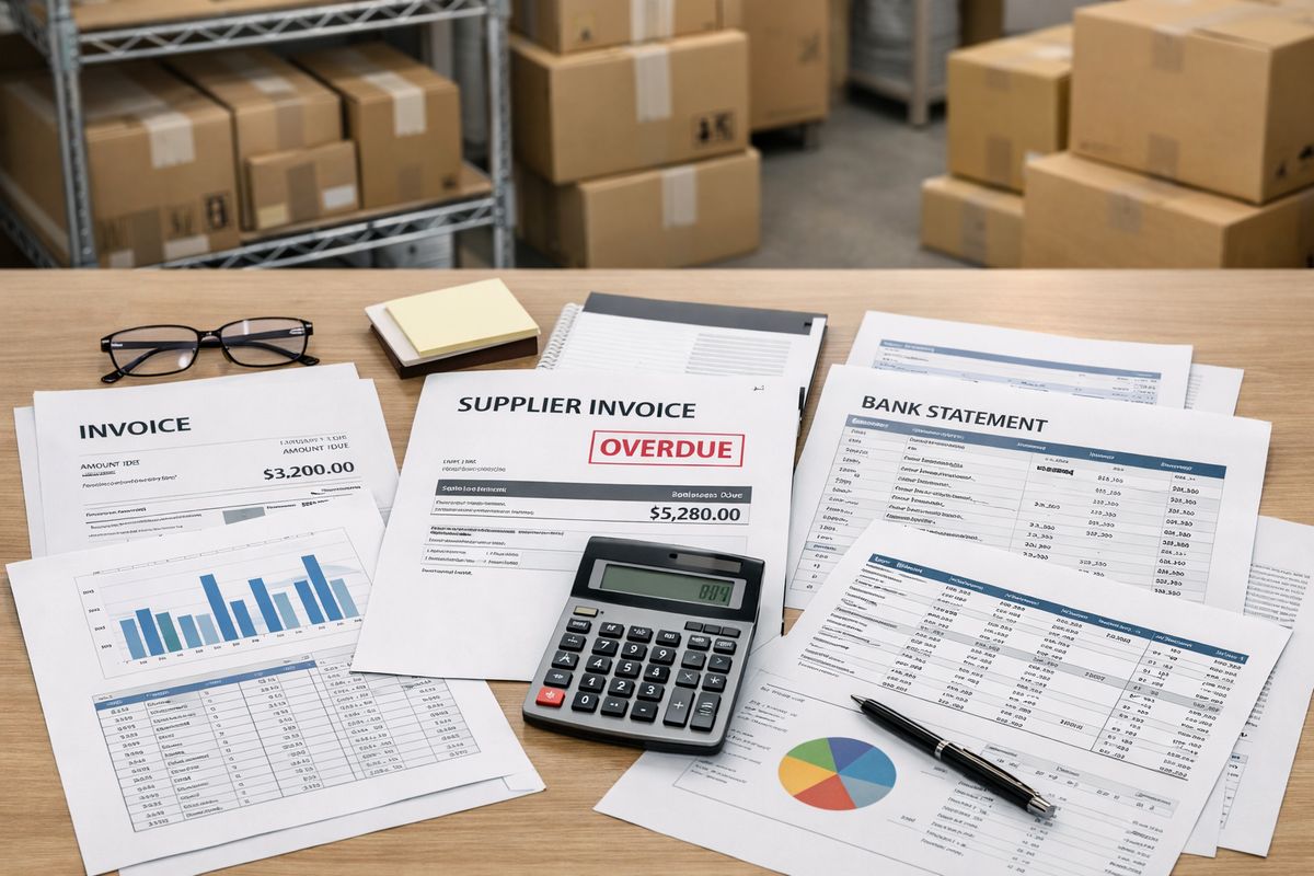 A cluttered finance workspace with printed invoices, overdue supplier bills, a bank statement, a calculator, and several separate spreadsheets spread across a desk, alongside a warehouse shelf and product stock boxes in the background to show disconnected systems, delayed reporting, and inventory pressure