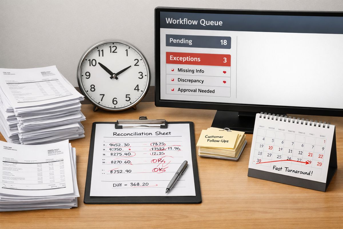 A desk covered with printed invoice batches, a clock, a reconciliation sheet with handwritten corrections, and a second screen showing a workflow queue with fewer exception items, alongside a small stack of customer follow-up notes and a calendar indicating faster turnaround.