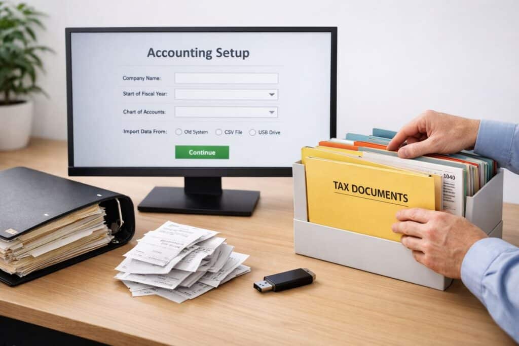 A migration setup scene with a desktop monitor showing an accounting setup form, a binder of old financial records, a stack of paper receipts, a USB drive, and a person adjusting folders and tax documents while transferring data from one system to another, suggesting implementation, migration, and training work.