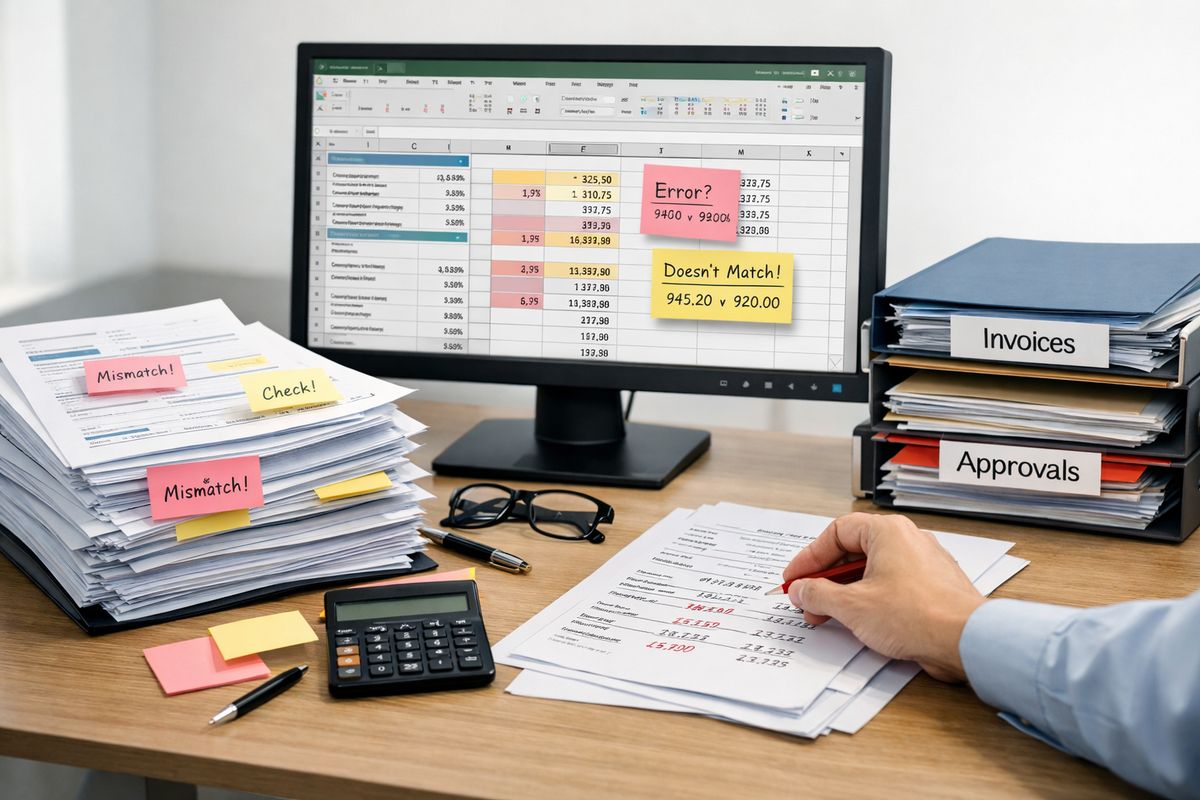 A cluttered workspace with two separate sets of records being compared: one stack of printed reports, another open spreadsheet on a monitor, sticky notes marking mismatched figures, and a person reaching for yet another manual correction sheet while a queue of unresolved invoices and approval folders builds up beside them