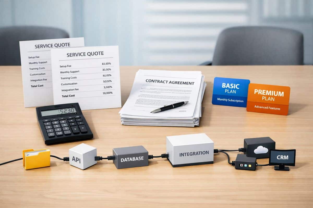 A side-by-side visual of platform cost factors on a meeting table: printed service quotes, a calculator, a stack of contract pages, two different software subscription cards, and a flow of connected workflow components represented by linked folder icons, cables, and system boxes arranged to show how implementation depth and add-ons increase the total setup.