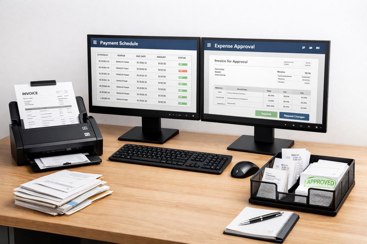 A supplier invoice being captured and routed for approval, with a desktop scanner, a stack of incoming bills, and a finance workstation showing payment scheduling and expense processing screens, plus a small tray of receipts and approved documents arranged beside the computer