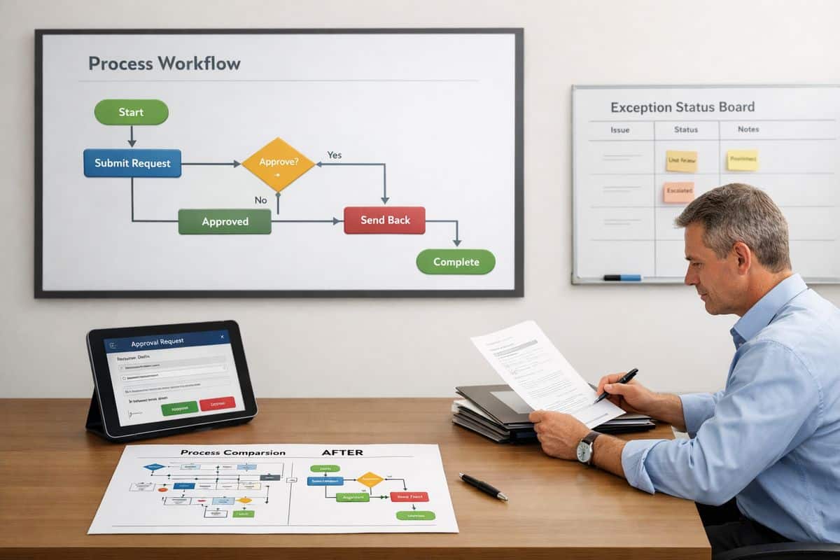 A process rollout scene showing a workflow diagram on a large wall display beside a tablet approval interface, a printed before-and-after process map on a desk, and a manager reviewing exception cases with a small stack of documents and a status board