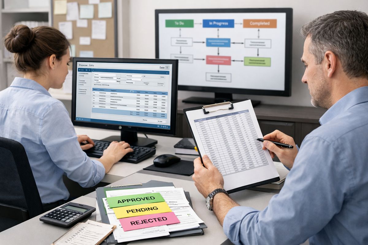 A busy operations area where one team member is entering data into a finance system while another keeps a separate spreadsheet printout, with approval slips, manual checklists, and a workflow screen running in the background that nobody is fully following