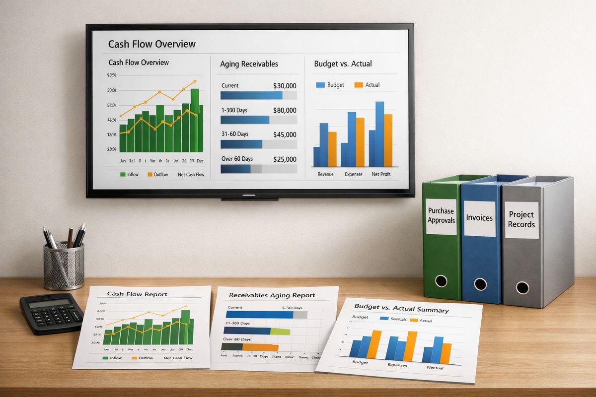 A finance control scene with a wall-mounted screen and printed reports showing cash flow trends, receivables aging, and budget comparisons, alongside folders for purchase approvals, invoices, and project records arranged to show a single integrated view of business performance.