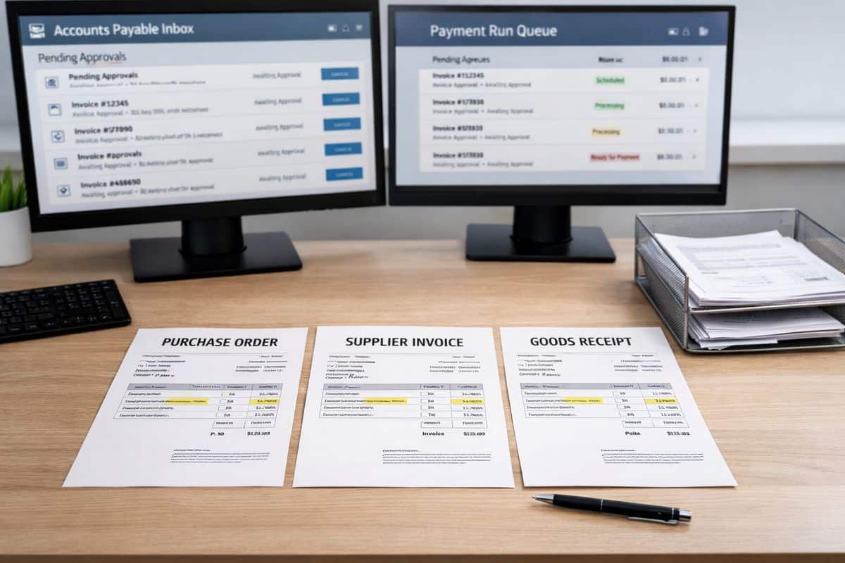 A purchase-to-pay scene showing a supplier invoice being matched to a purchase order and goods receipt: printed documents laid side by side, an accounts payable inbox with multiple pending approvals, a payment run queue on a screen in the background, and a tray of incoming invoices waiting to be processed.
